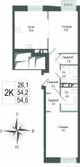 ЖК «Киноквартал», планировка 2-комнатной квартиры, 54.20 м²
