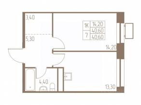 ЖК «Фабрикант», планировка 1-комнатной квартиры, 40.60 м²