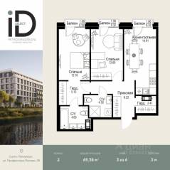 ЖК «ID Petrogradskaya», планировка 2-комнатной квартиры, 65.38 м²