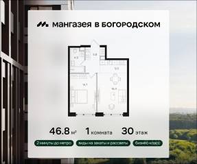 ЖК «Мангазея в Богородском», планировка 1-комнатной квартиры, 46.80 м²