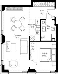 ЖК «SET», планировка 1-комнатной квартиры, 48.13 м²