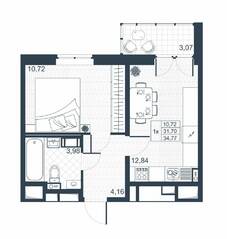 ЖК «Ново-Антропшино», планировка 1-комнатной квартиры, 33.24 м²