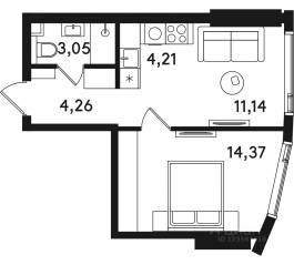 ЖК «Solos», планировка 1-комнатной квартиры, 37.03 м²