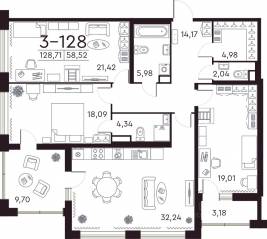 ЖК «Familia», планировка 3-комнатной квартиры, 129.10 м²
