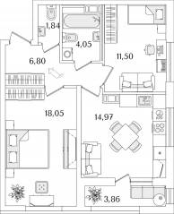 ЖК «Лайнеръ», планировка 2-комнатной квартиры, 59.14 м²