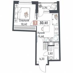 ЖК «Авиатор» (Девяткино), планировка 1-комнатной квартиры, 30.41 м²