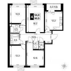 ЖК «Южная Битца», планировка 4-комнатной квартиры, 90.60 м²