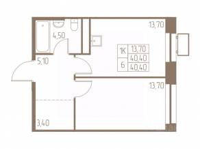 ЖК «Фабрикант», планировка 1-комнатной квартиры, 40.40 м²