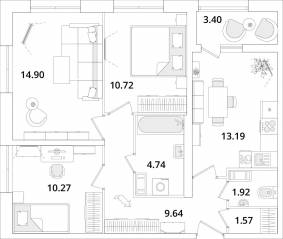 ЖК «БелАрт», планировка 3-комнатной квартиры, 68.20 м²