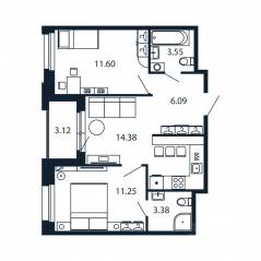 ЖК «Полис Новоселье», планировка 2-комнатной квартиры, 51.81 м²