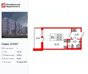 ЖК «Бионика Заповедная», планировка студии, 25.05 м²