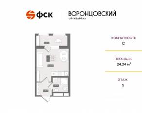 ЖК UP-квартал «Воронцовский», планировка студии, 24.34 м²
