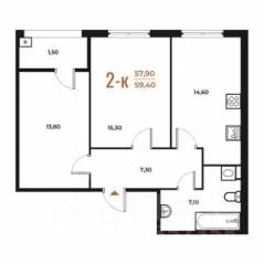 ЖК «Новое Летово», планировка 2-комнатной квартиры, 59.40 м²