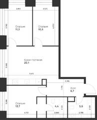 ЖК «Voice Towers», планировка 3-комнатной квартиры, 72.30 м²