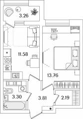 ЖК «БелАрт», планировка 1-комнатной квартиры, 36.27 м²