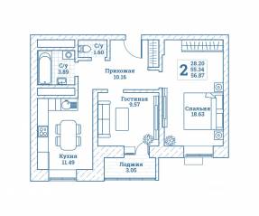 ЖК «Новоград Монино», планировка 2-комнатной квартиры, 57.60 м²