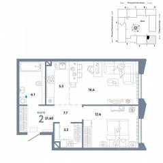 ЖК «Страна.Озерная», планировка 2-комнатной квартиры, 51.60 м²