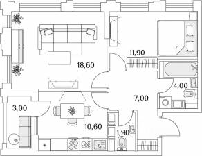 ЖК «Тайм Сквер», планировка 2-комнатной квартиры, 55.40 м²