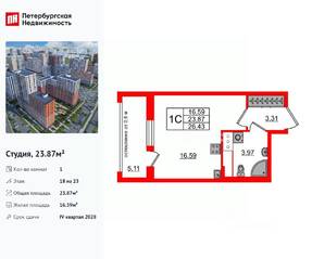 ЖК «Город звезд», планировка студии, 23.87 м²