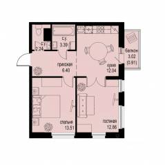 ЖК «ID Murino III», планировка 2-комнатной квартиры, 51.35 м²