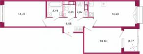 ЖК «Дом на Курской», планировка 2-комнатной квартиры, 60.79 м²