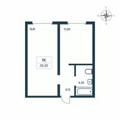 ЖК «Расцветай в Янино», планировка 1-комнатной квартиры, 38.80 м²