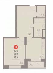 ЖК «Отлично», планировка 1-комнатной квартиры, 51.50 м²