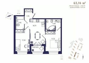 ЖК «Ranta Residence», планировка 2-комнатной квартиры, 63.14 м²