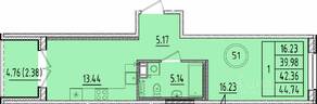 МЖК «Образцовый квартал 17», планировка 1-комнатной квартиры, 39.98 м²
