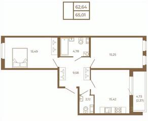 МЖК «Новая история», планировка 2-комнатной квартиры, 65.01 м²