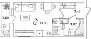 ЖК «Кинопарк», планировка студии, 21.62 м²