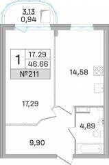 ЖК «Дом-Мегалит в Королёве», планировка 1-комнатной квартиры, 46.40 м²