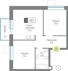 ЖК «Лесная Отрада», планировка 2-комнатной квартиры, 49.10 м²