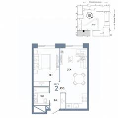 ЖК «Страна.Заречная», планировка 2-комнатной квартиры, 43.30 м²