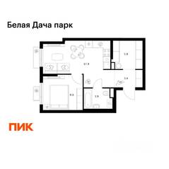 ЖК «Белая Дача парк», планировка 1-комнатной квартиры, 40.60 м²