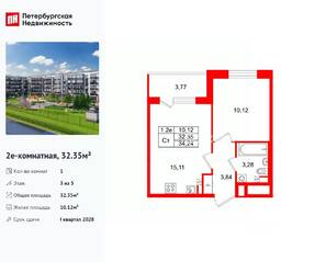 ЖК «Парадный ансамбль», планировка 1-комнатной квартиры, 32.35 м²