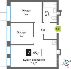 ЖК «Никольский квартал Отрада», планировка 1-комнатной квартиры, 45.10 м²