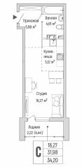 ЖК «Riga Hills», планировка студии, 34.20 м²