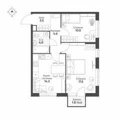 ЖК «Sokolinn Park», планировка 2-комнатной квартиры, 54.40 м²