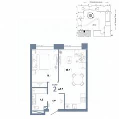 ЖК «Страна.Заречная», планировка 2-комнатной квартиры, 43.70 м²