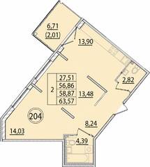 МЖК «Образцовый квартал 15», планировка 2-комнатной квартиры, 56.86 м²