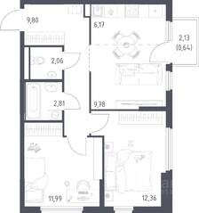 ЖК «Остафьево», планировка 2-комнатной квартиры, 55.61 м²