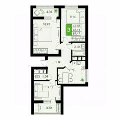 ЖК «Химки Тайм», планировка 3-комнатной квартиры, 67.47 м²