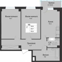 ЖК «Южная звезда», планировка 2-комнатной квартиры, 67.80 м²