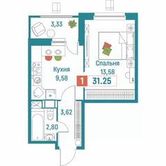 ЖК «Графика», планировка 1-комнатной квартиры, 31.25 м²