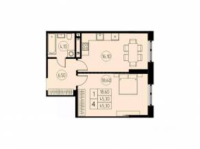 ЖК «7 небо», планировка 1-комнатной квартиры, 45.30 м²
