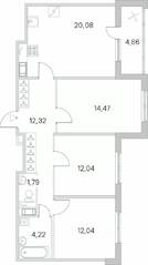 ЖК «Югтаун. Олимпийские кварталы», планировка 3-комнатной квартиры, 79.39 м²