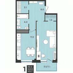 МЖК «Новокасимово», планировка 1-комнатной квартиры, 45.70 м²