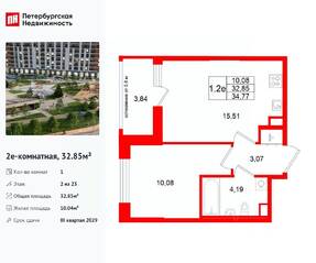 ЖК «Город звезд», планировка 1-комнатной квартиры, 32.85 м²