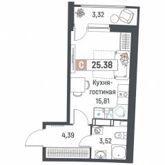 ЖК «Авиатор» (Девяткино), планировка студии, 25.38 м²
